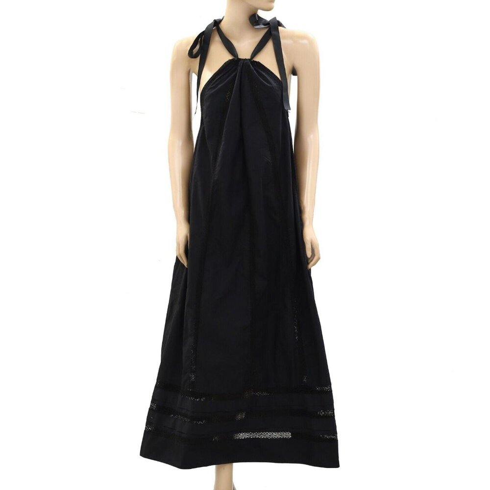 Ilio Nema Black Crochet Lace Maxi Dress Solid Cotton Tiered Resort XS NEW